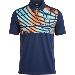 Oakley Polo Shirt Mens 2XL Navy Blue Orange Excellent Geometric Performance Golf